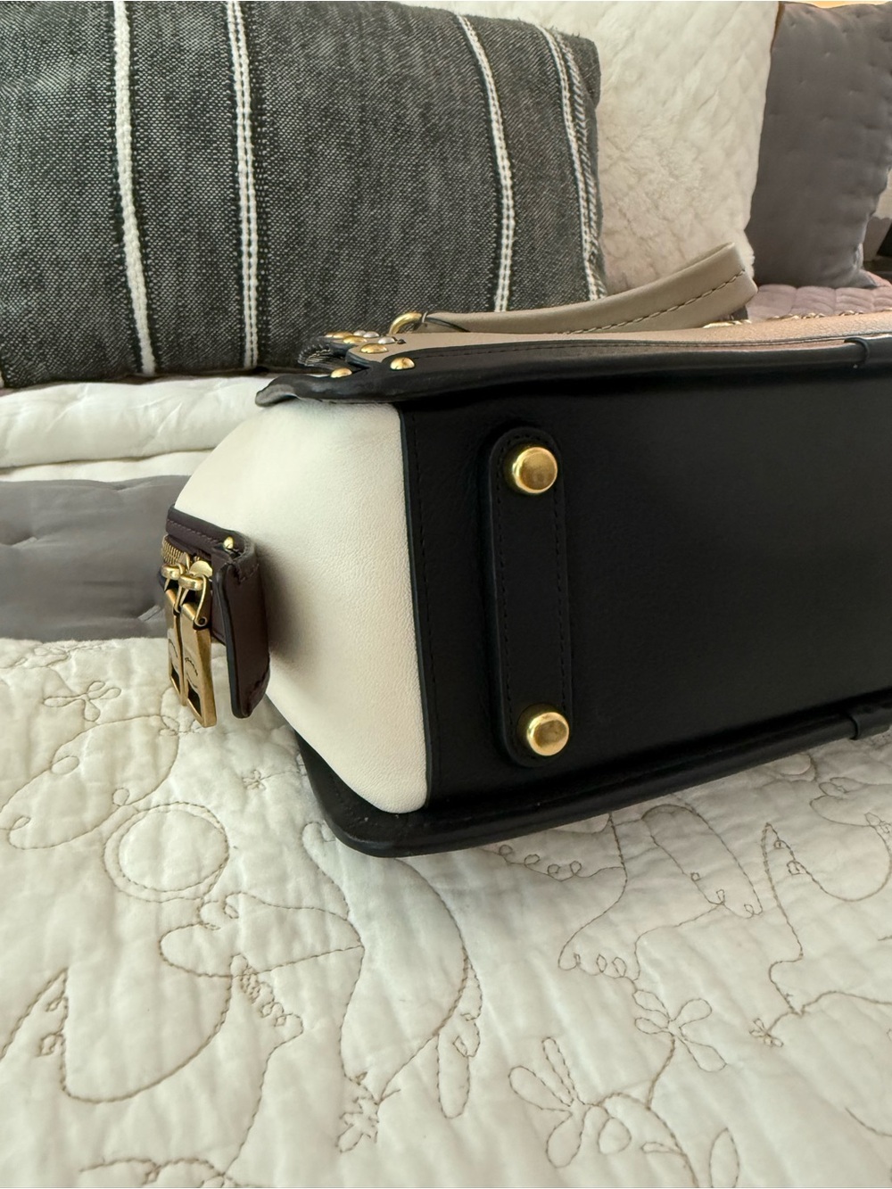 Coach Taupe and Black Leather Satchel with Gold Hardware - Picture 7 of 14
